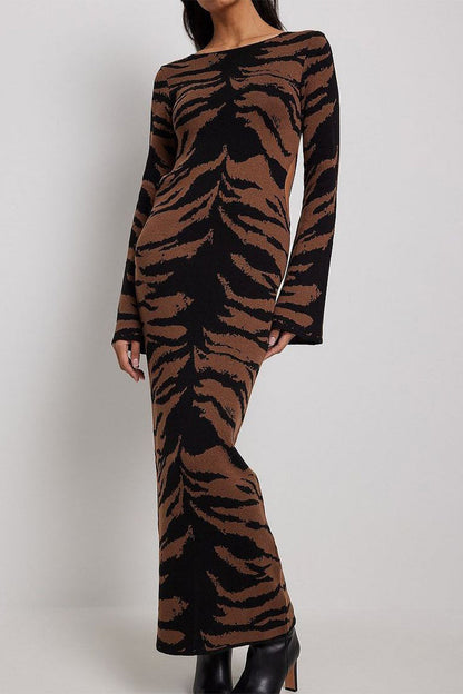 Street Leopard Jacquard Ripped Weave O Neck Pencil Skirt Dresses