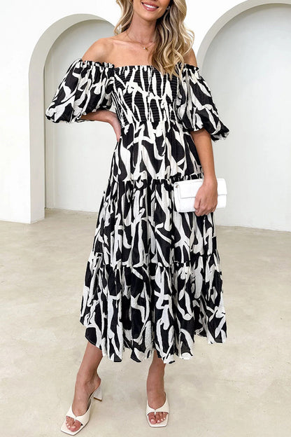 Patchwork Off the Shoulder Cake Skirt Dresses