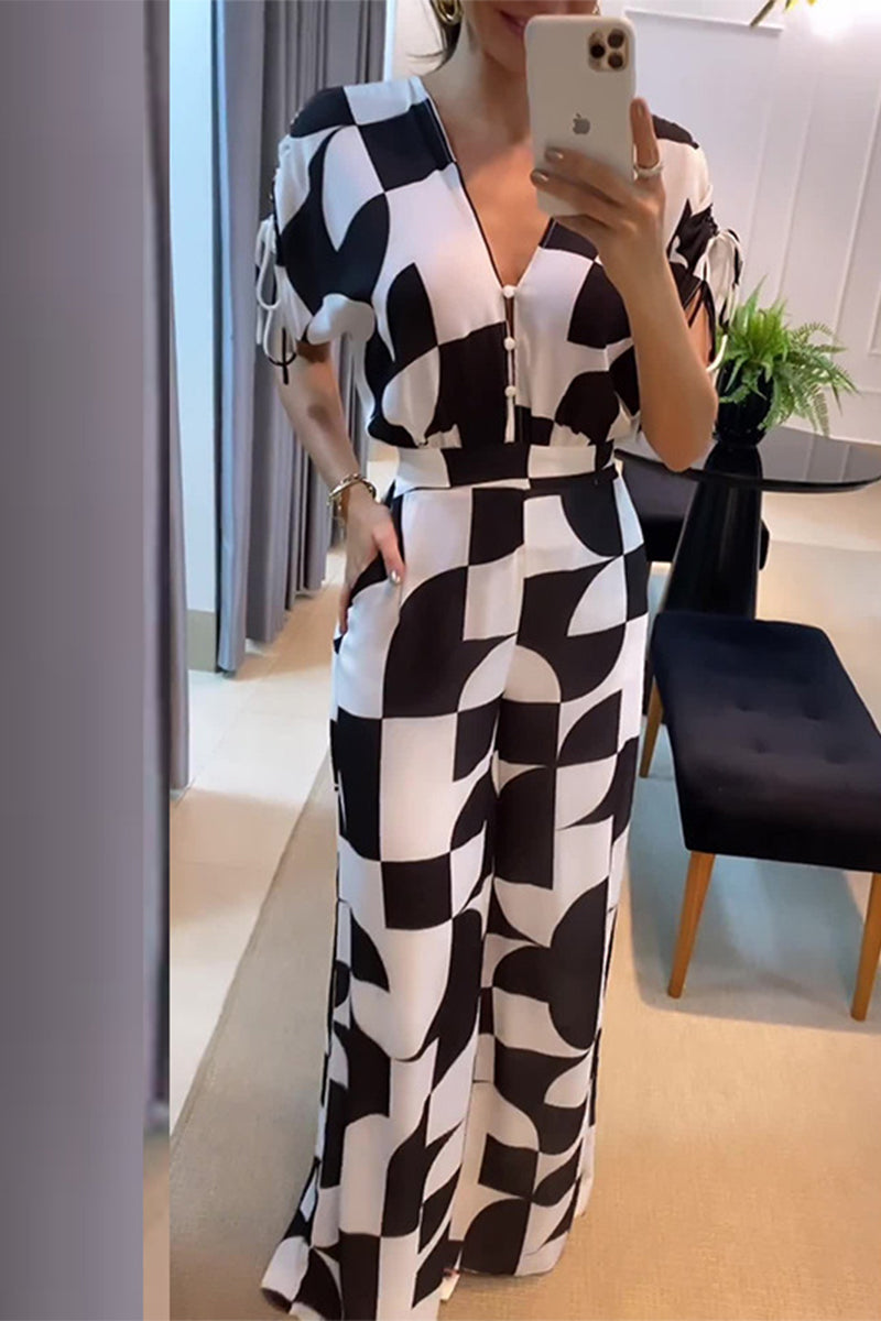 Plaid Pocket Contrast V Neck Jumpsuits