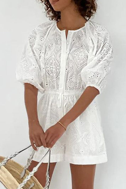 Simplicity Hollowed Out Draw String Pocket O Neck Loose Rompers