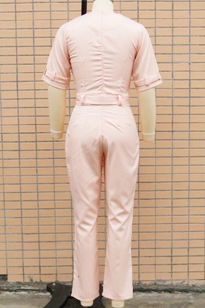 Street Patchwork Buttons Turn-back Collar Regular Jumpsuits(5 Colors)