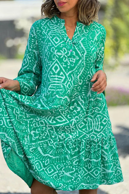 Sweet Geometric Print Buttons V Neck Cake Skirt Dresses