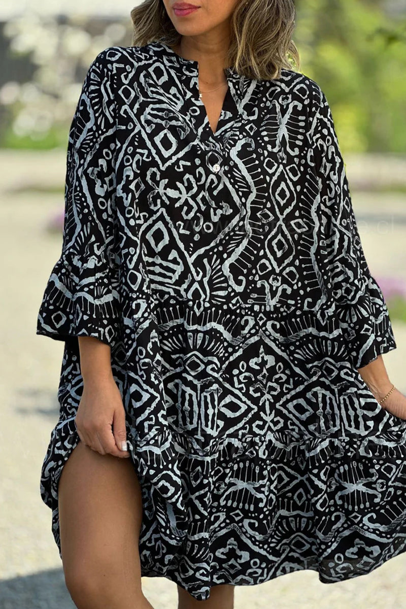 Sweet Geometric Print Buttons V Neck Cake Skirt Dresses