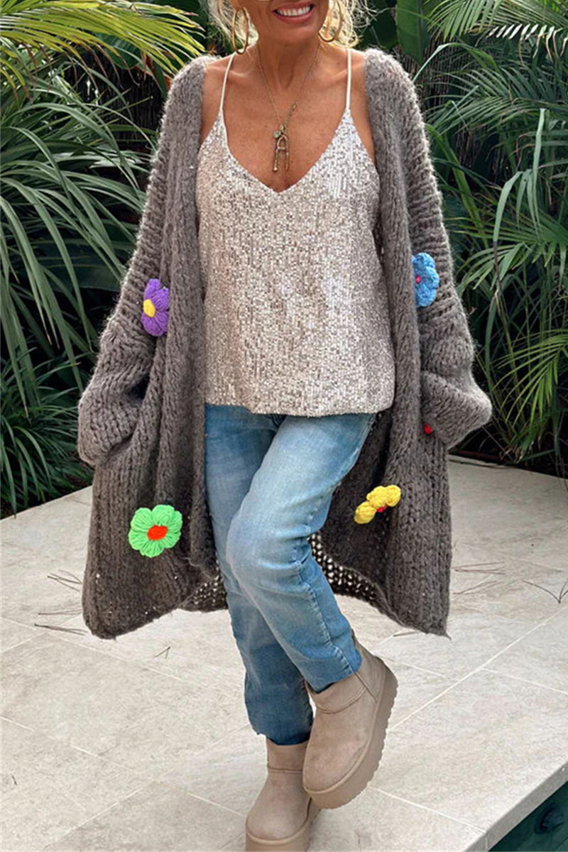 Appliques Weave Cardigan Collar Outerwear