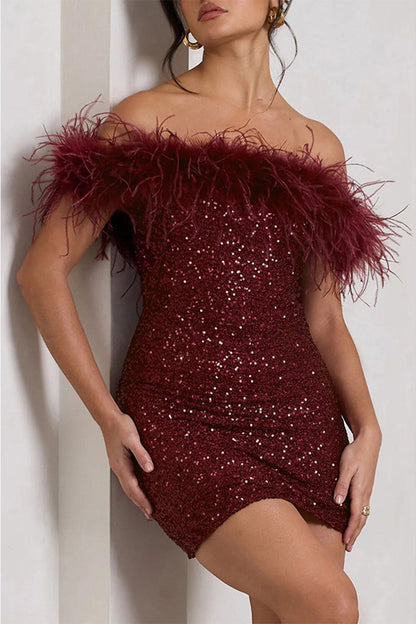 Sequins Feathers Off the Shoulder Wrapped Skirt Dresses