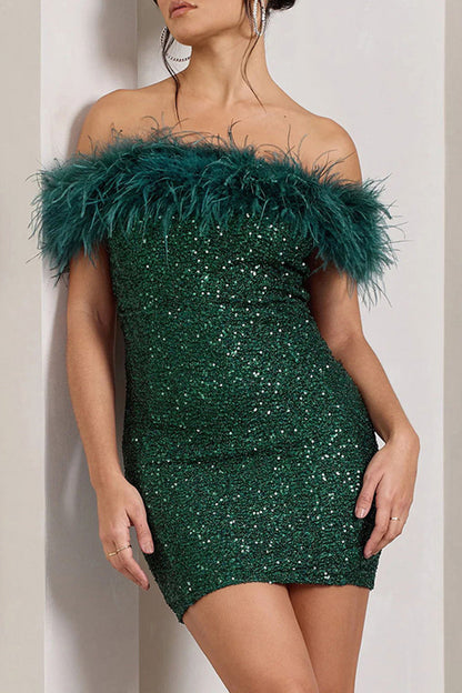 Sequins Feathers Off the Shoulder Wrapped Skirt Dresses