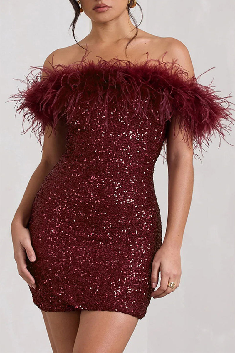 Sequins Feathers Off the Shoulder Wrapped Skirt Dresses