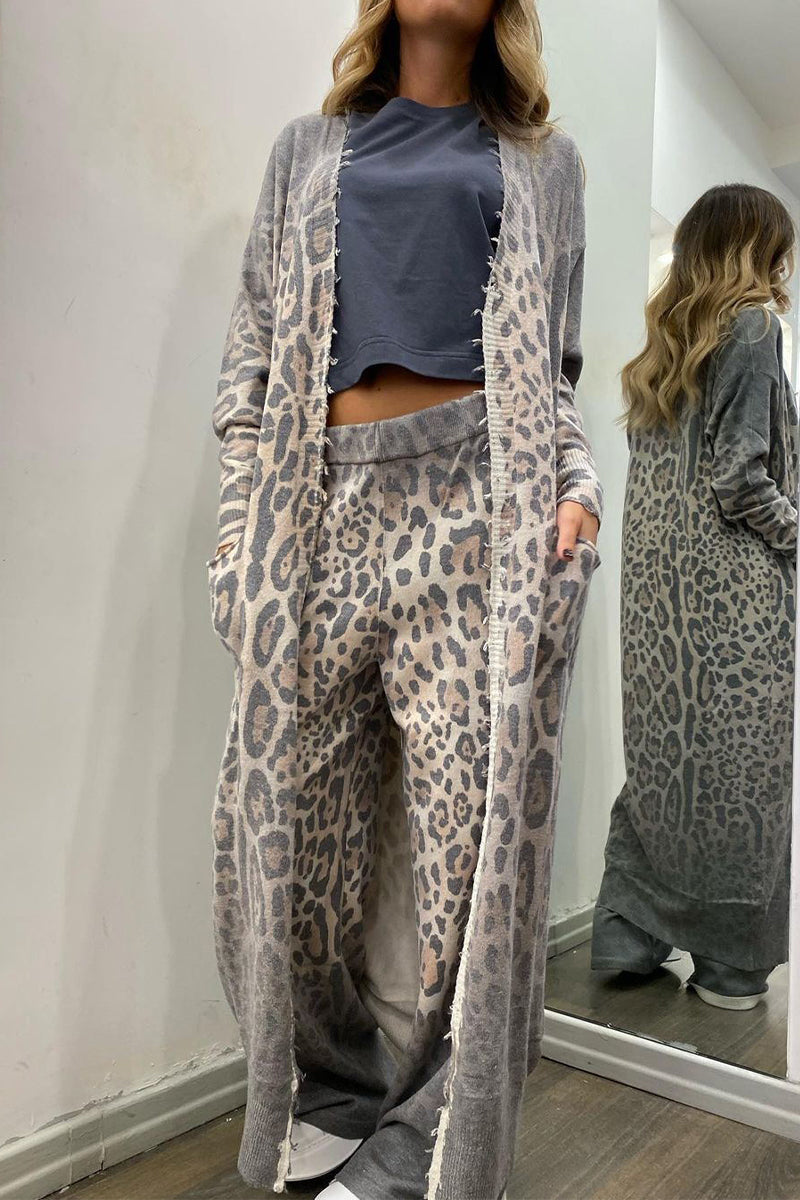 Print Leopard Pocket Cardigan Collar Long Sleeve Two Pieces