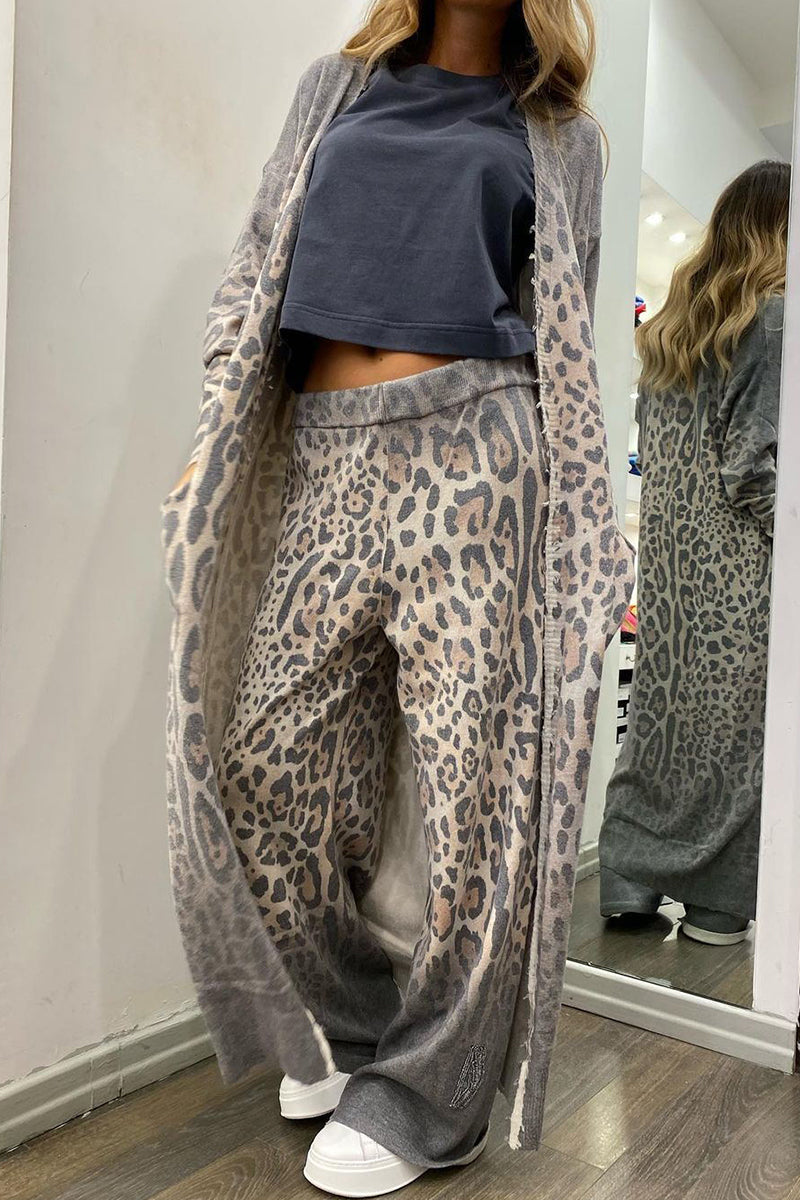 Print Leopard Pocket Cardigan Collar Long Sleeve Two Pieces