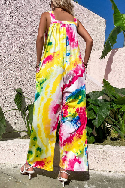 Print Pocket Square Collar Loose Jumpsuits