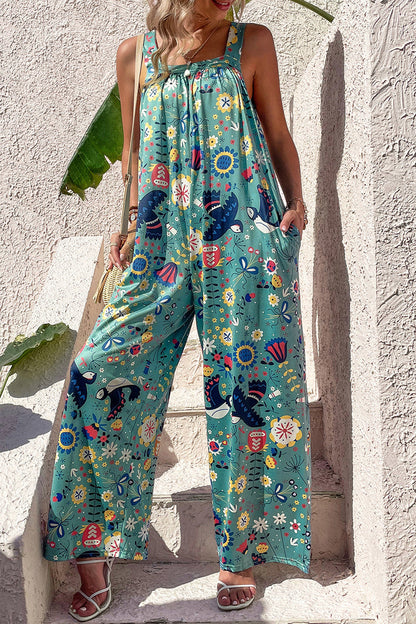 Print Pocket Square Collar Loose Jumpsuits