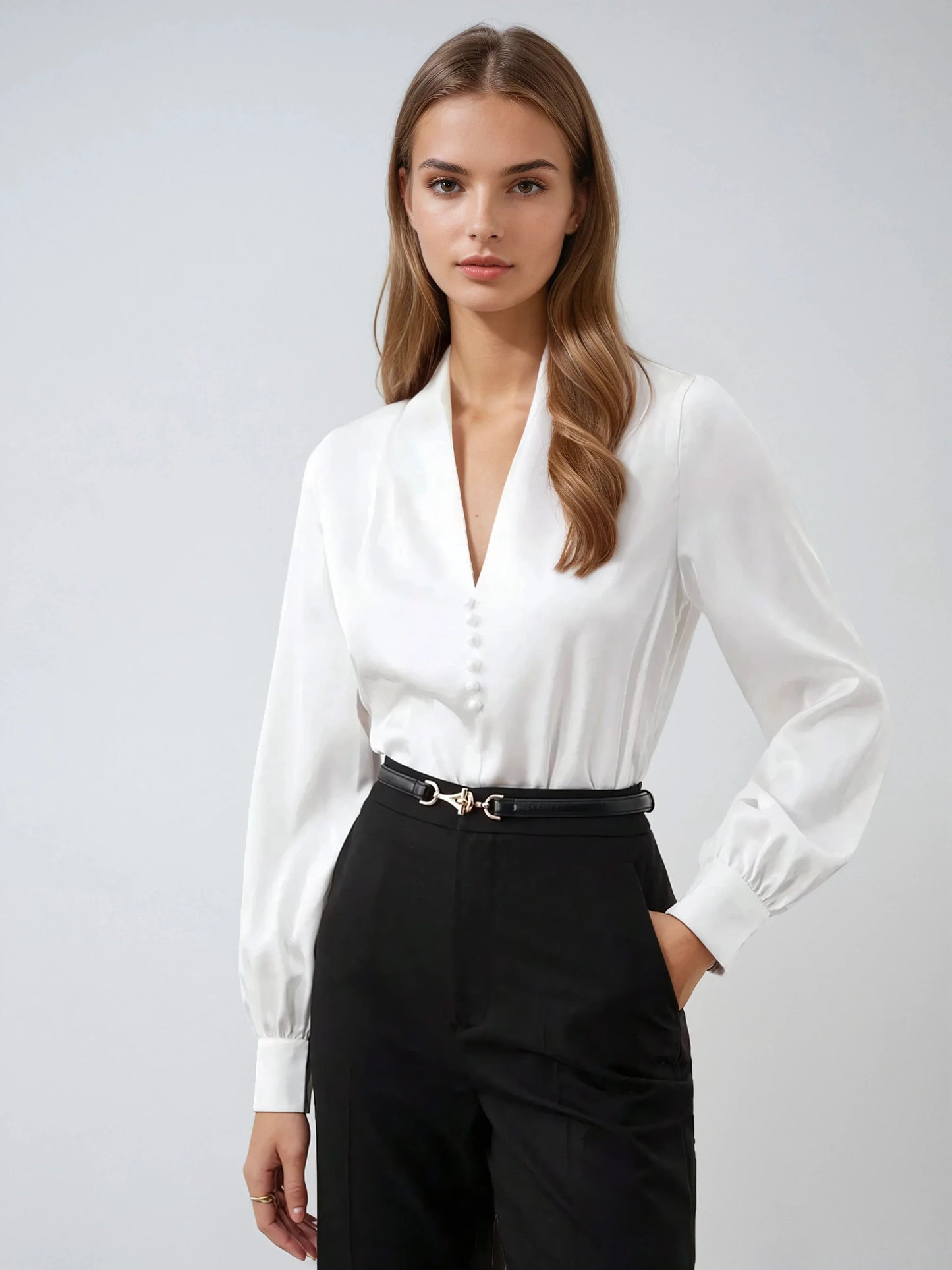Deep V Neck Satin Long Sleeve Blouse for Business Elegance