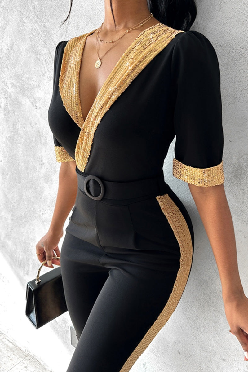 Patchwork Sequins V Neck Skinny Jumpsuits