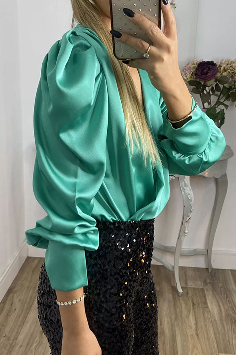 Celebrities Fold V Neck Blouses(4 Colors)