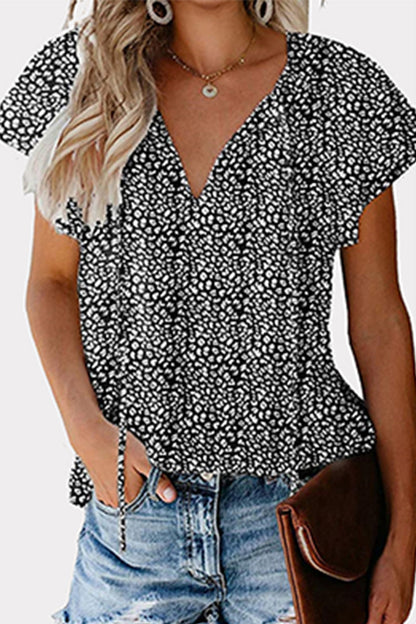 Print Patchwork Frenulum V Neck Blouses(8 Colors)