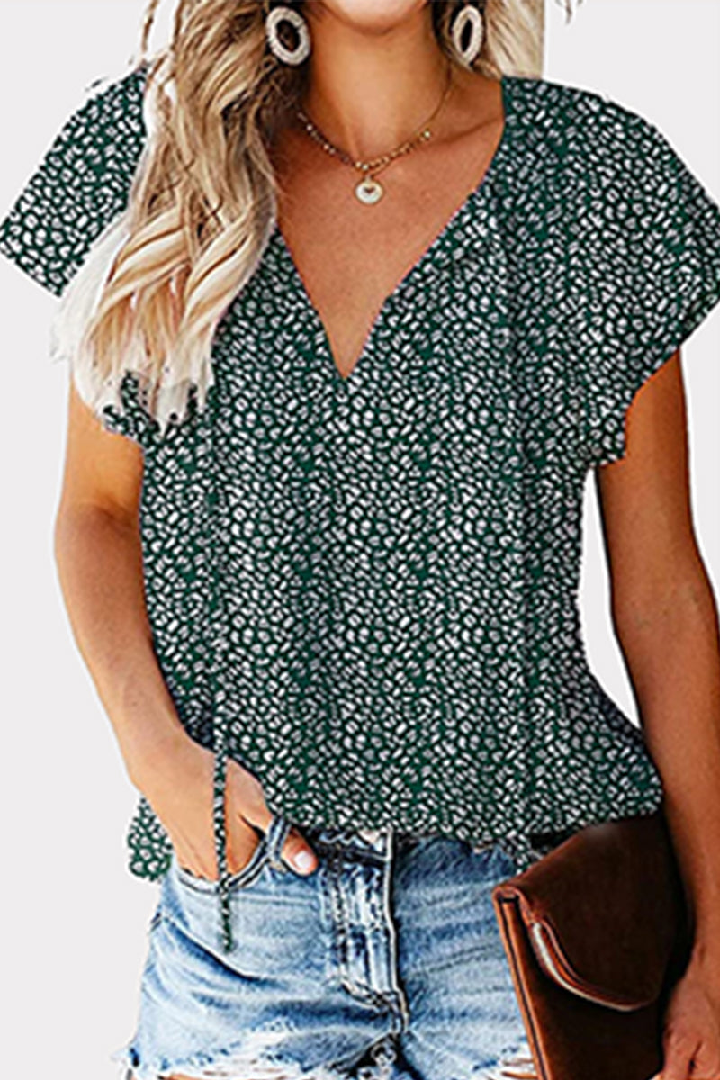 Print Patchwork Frenulum V Neck Blouses(8 Colors)