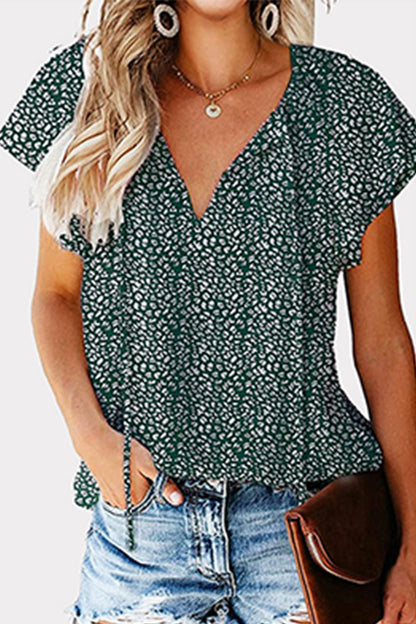 Print Patchwork Frenulum V Neck Blouses(8 Colors)