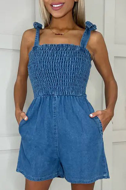 Pocket Square Collar Sleeveless Loose Denim Jumpsuits
