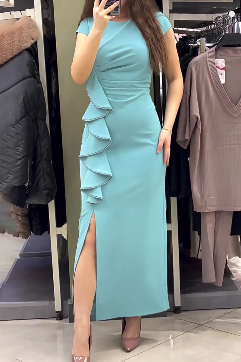 Flounce Slit O Neck One Step Skirt Short Sleeve Dress
