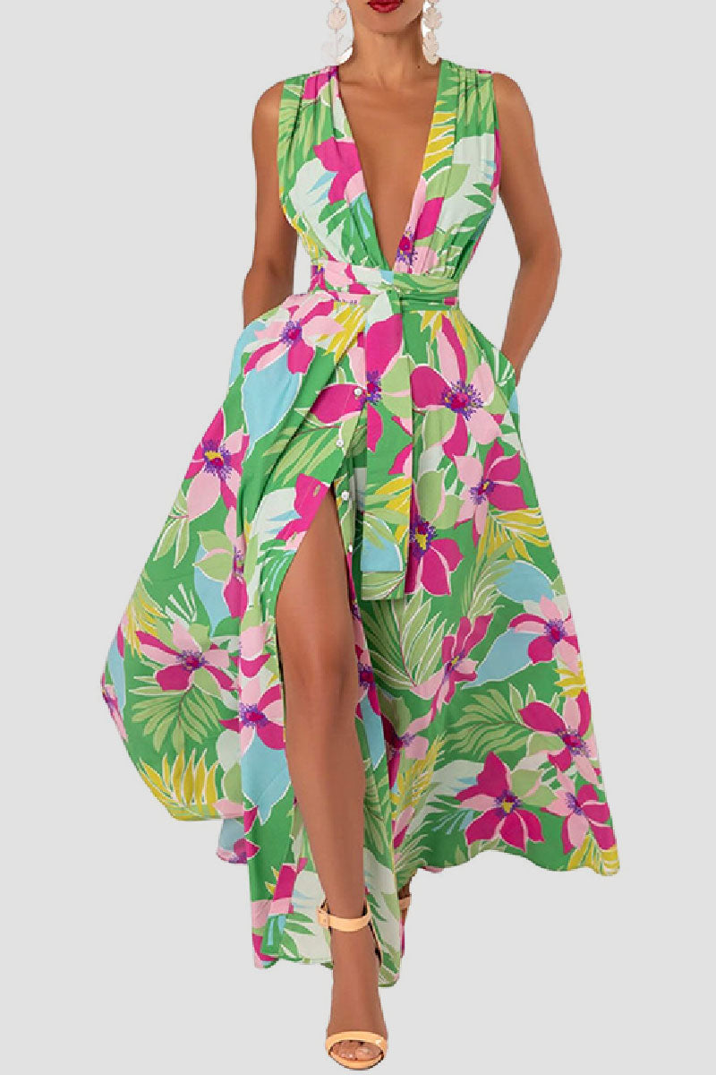 Print Patchwork Slit V Neck Long Dress Dresses