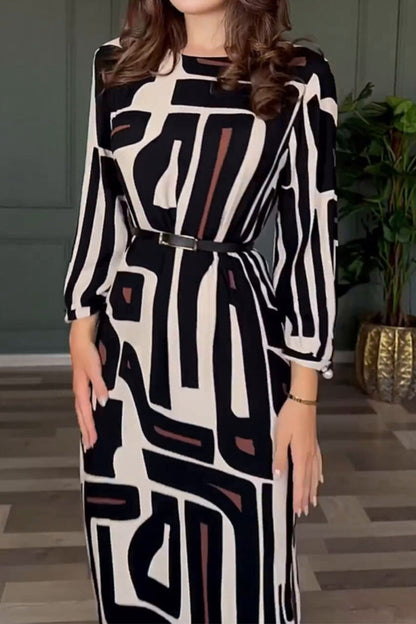 Geometric Print Slit With Belt O Neck One Step Skirt Dresses