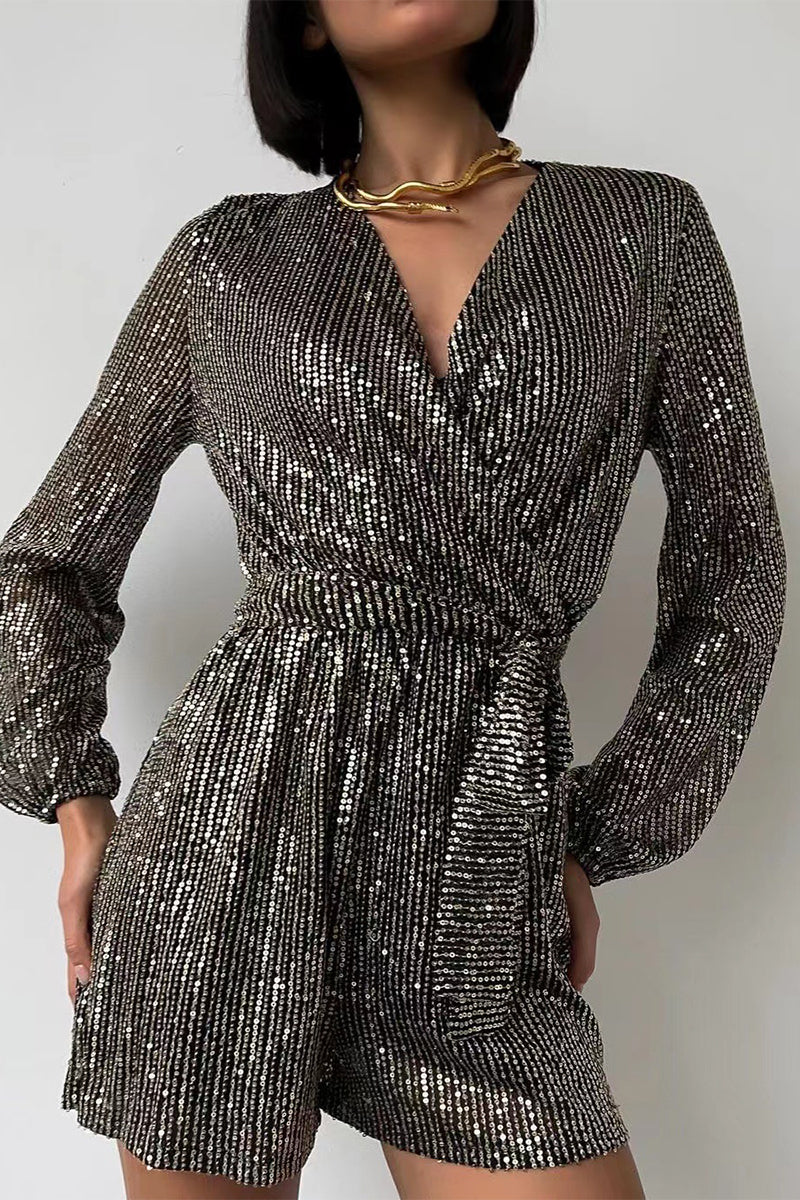 Bandage Sequins V Neck Loose Rompers