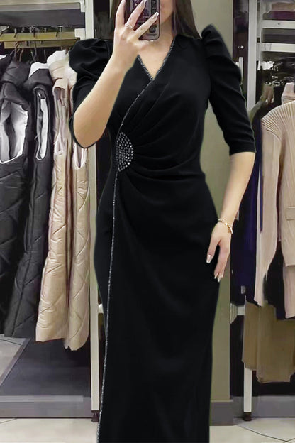 Formal Hot Drill V Neck Waist Skirt Dresses