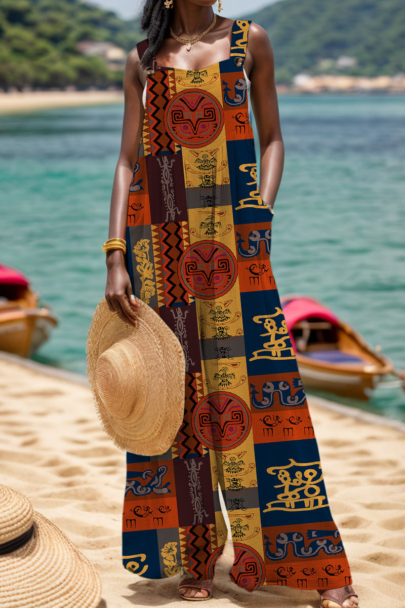 Print Backless Square Collar Regular Jumpsuits