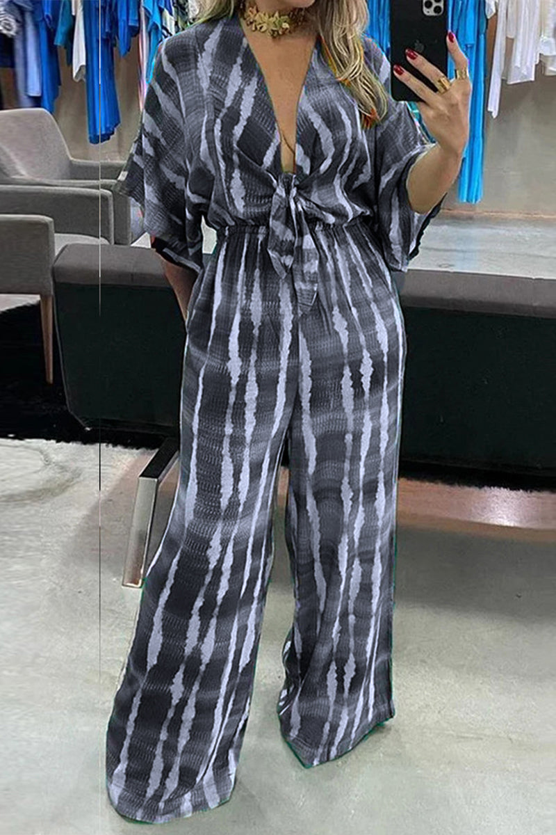 Striped Print Frenulum V Neck Loose Jumpsuits