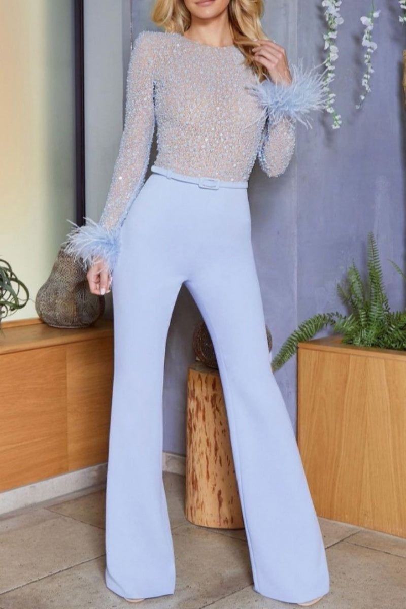 Patchwork Sequins With Belt O Neck Skinny Jumpsuits (subject to the Actual Object)
