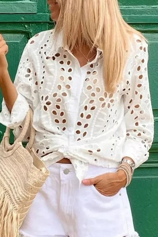 Hollowed Out Turndown Collar Blouses