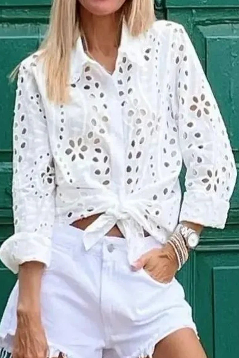 Hollowed Out Turndown Collar Blouses