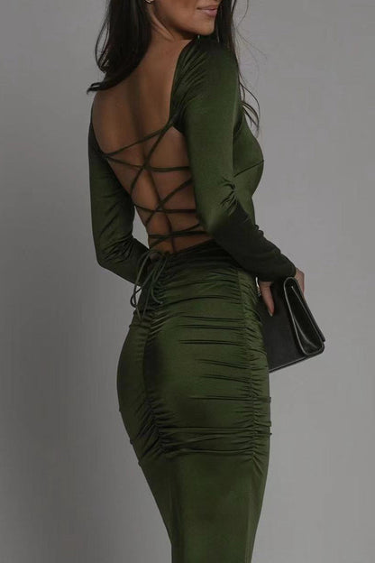 Backless Slit Square Collar Wrapped Skirt Dresses