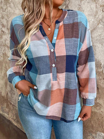 Plaid Drop Shoulder Blouse Wear Loose Fit