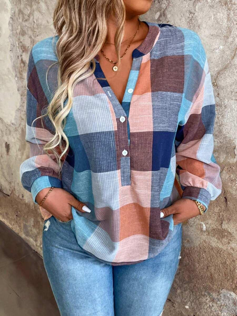 Plaid Drop Shoulder Blouse Wear Loose Fit