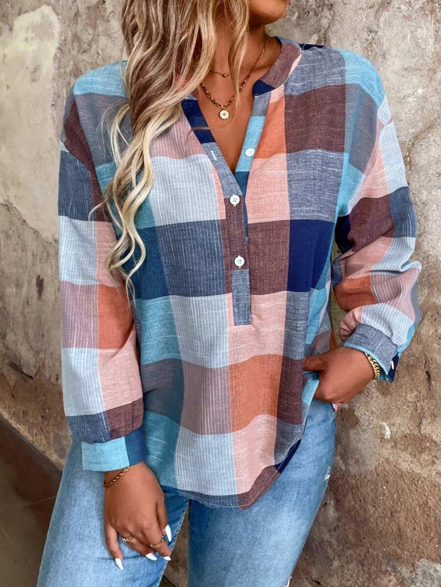 Plaid Drop Shoulder Blouse Wear Loose Fit