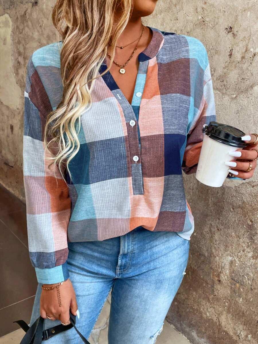 Plaid Drop Shoulder Blouse Wear Loose Fit