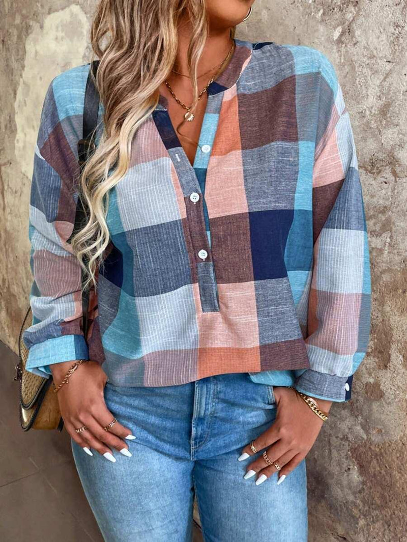 Plaid Drop Shoulder Blouse Wear Loose Fit