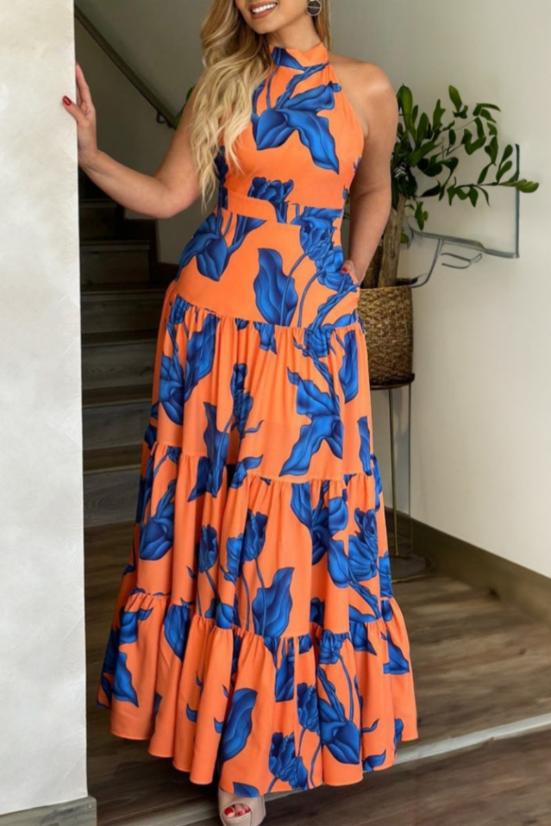 Print Backless Halter Long Dress Dresses