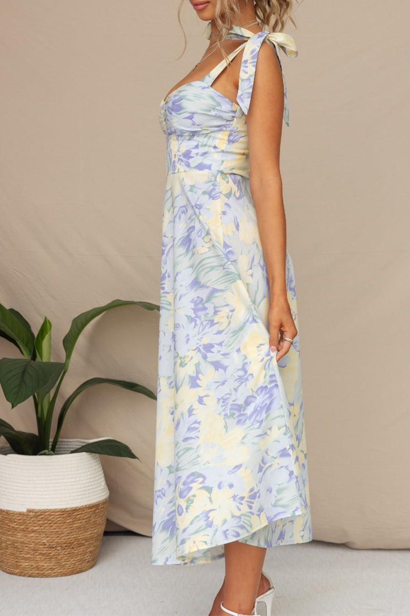 Sweet Print Flowers Fold V Neck Waist Skirt Dresses