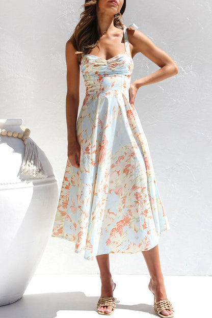 Sweet Print Flowers Fold V Neck Waist Skirt Dresses