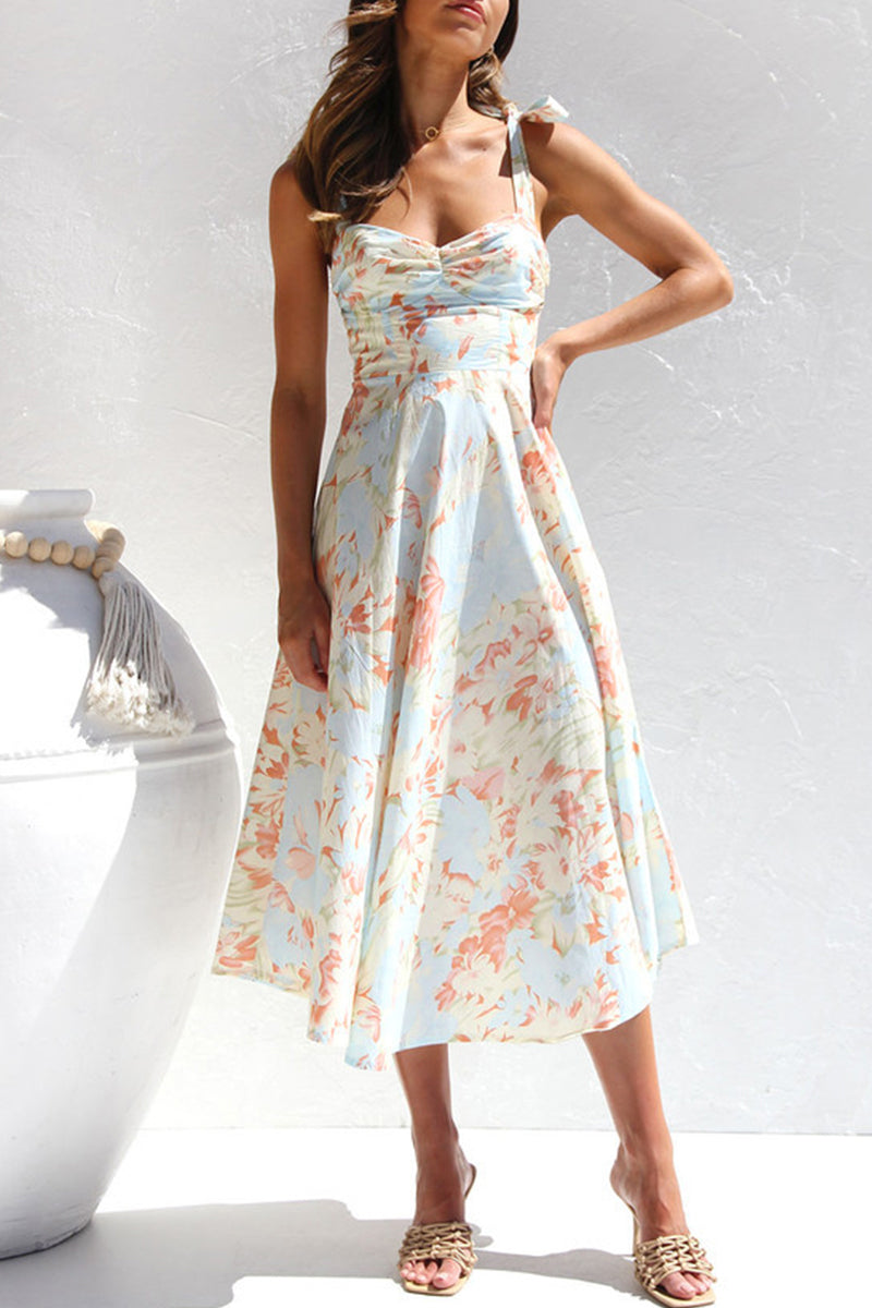 Sweet Print Flowers Fold V Neck Waist Skirt Dresses