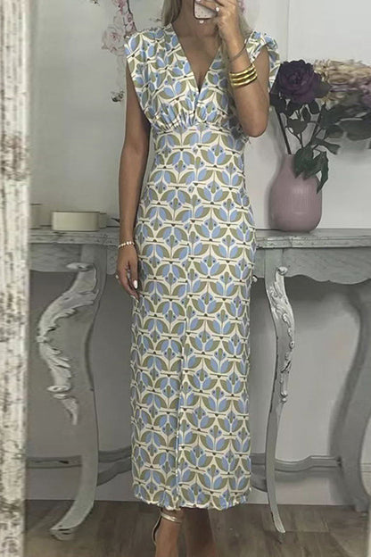 Celebrities Geometric Print Contrast V Neck One Step Skirt Dresses
