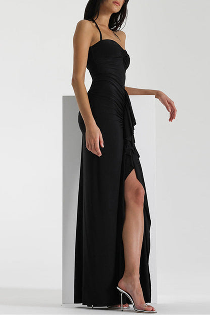 Backless Slit Fold Halter Wrapped Skirt Dresses