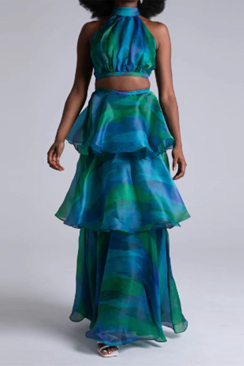 College Gradual Change Tie-dye Halter Cake Skirt Dresses