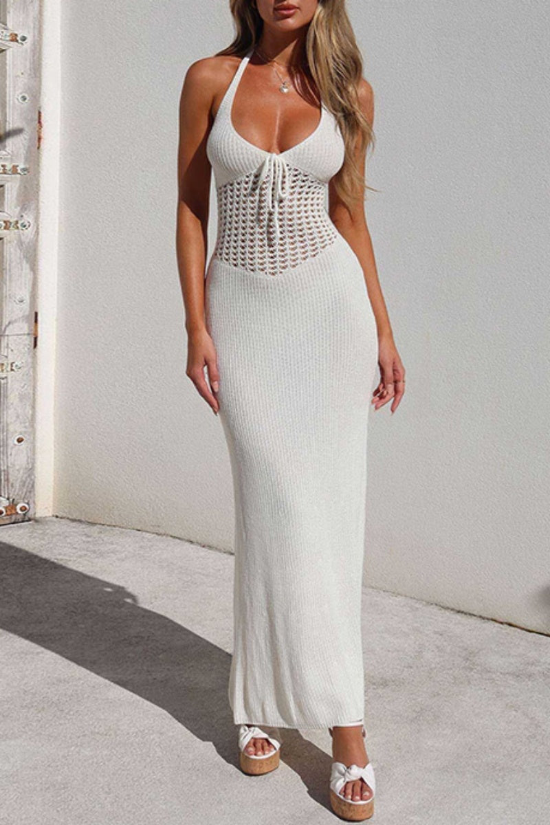 Hollowed Out Frenulum Backless Halter Long Dresses