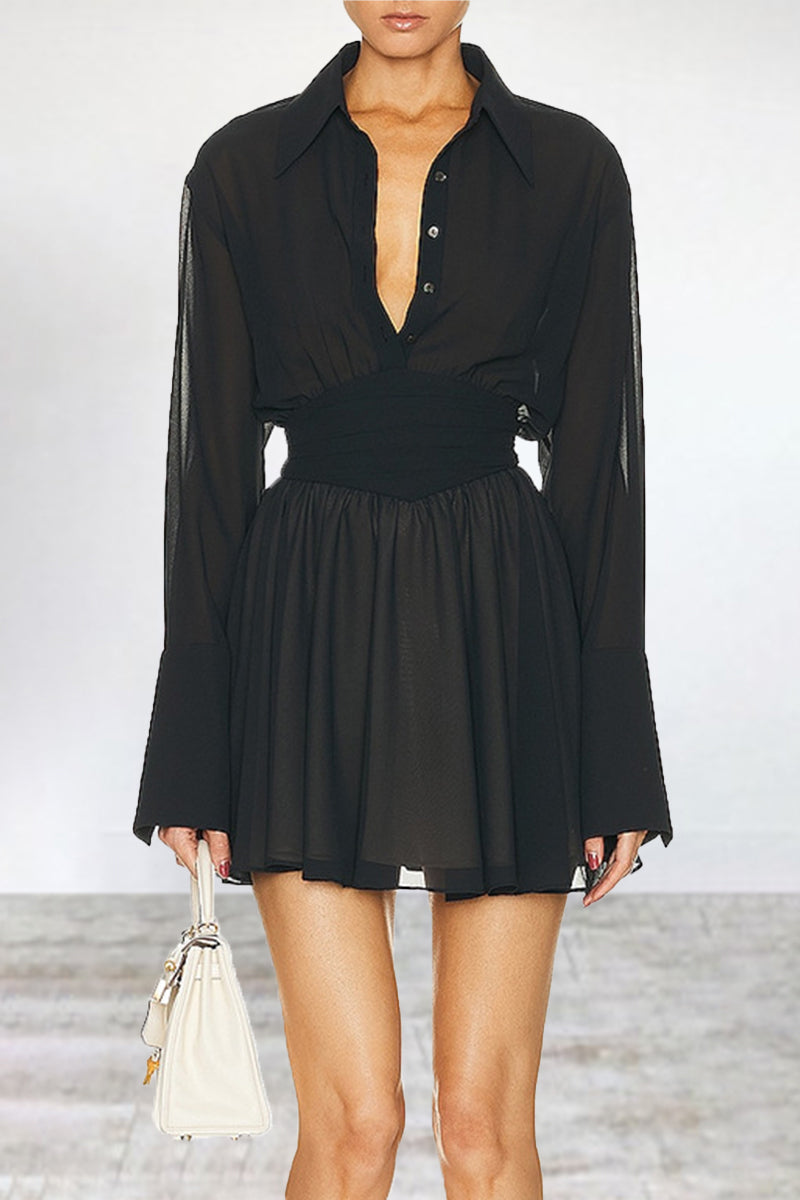 Simplicity Patchwork Turndown Collar Waist Skirt Dresses