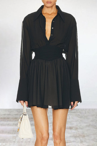 Simplicity Patchwork Turndown Collar Waist Skirt Dresses