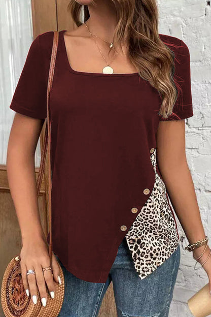 Leopard Patchwork Buttons Square Collar T-shirts