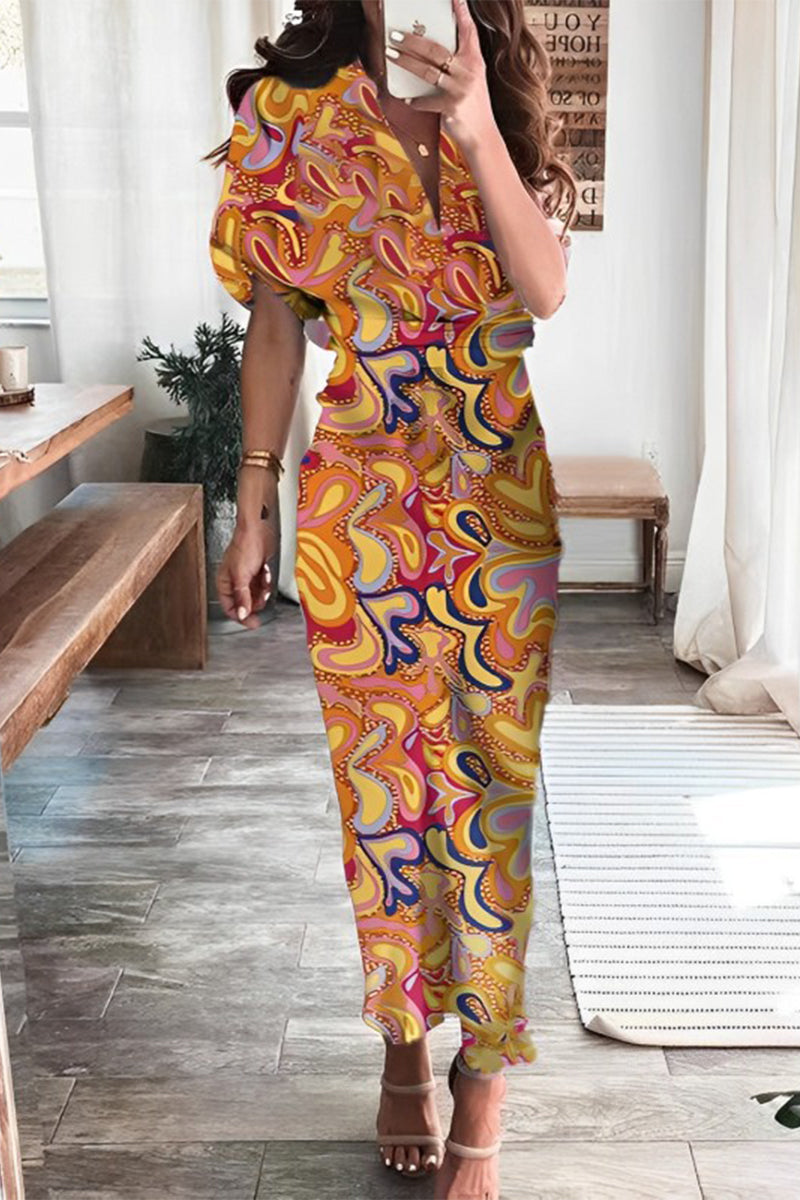 Print Frenulum Buckle Turndown Collar Pencil Skirt Dresses(7 Colors)